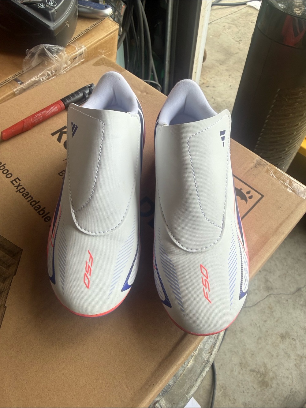 adidas Kids White Soccer Sneakers with Blue and Pink Accents